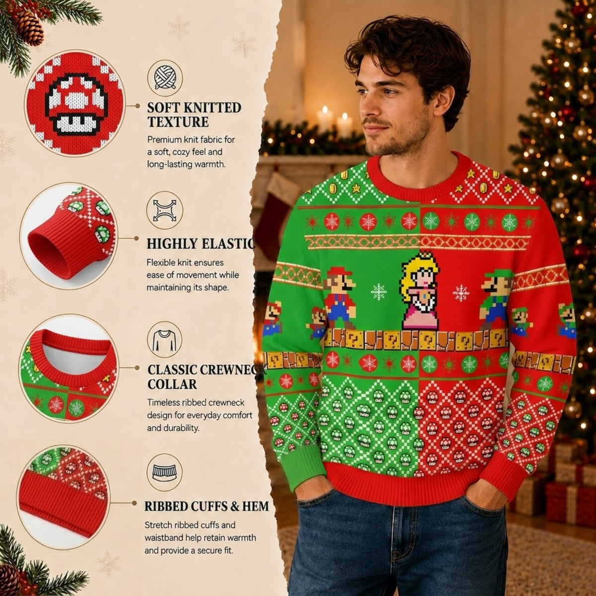 Red and Green Plumber Bros Ugly Christmas Sweater - Nintendo Pixel Art Holiday Knit Print