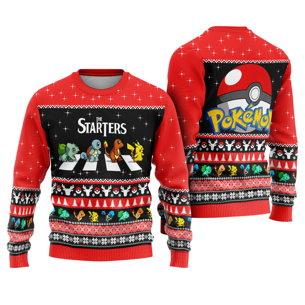 Pocket Creature Starters Trio Ugly Christmas Sweater - Electric Rodent Holiday Knit Print