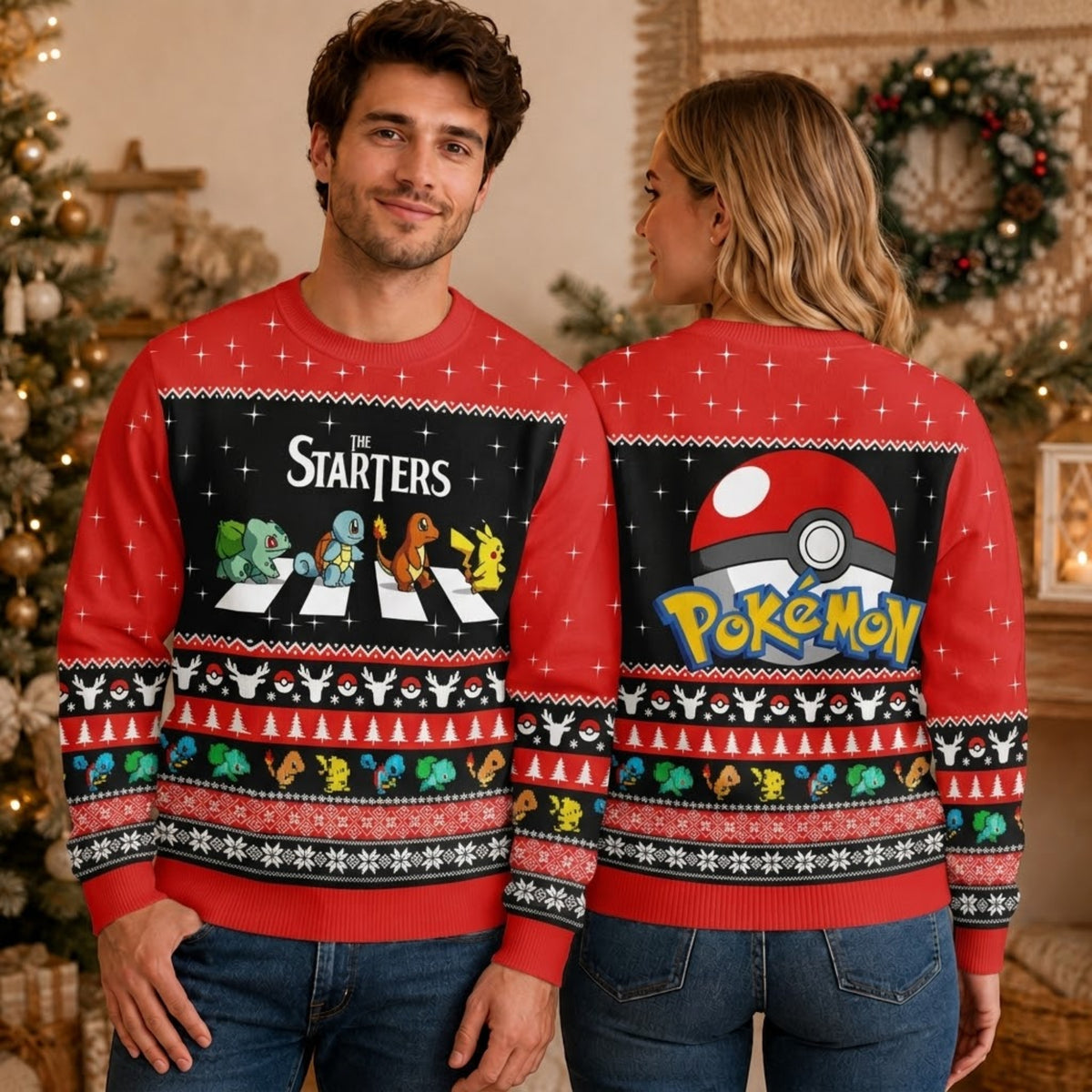 Pocket Creature Starters Trio Ugly Christmas Sweater - Electric Rodent Holiday Knit Print