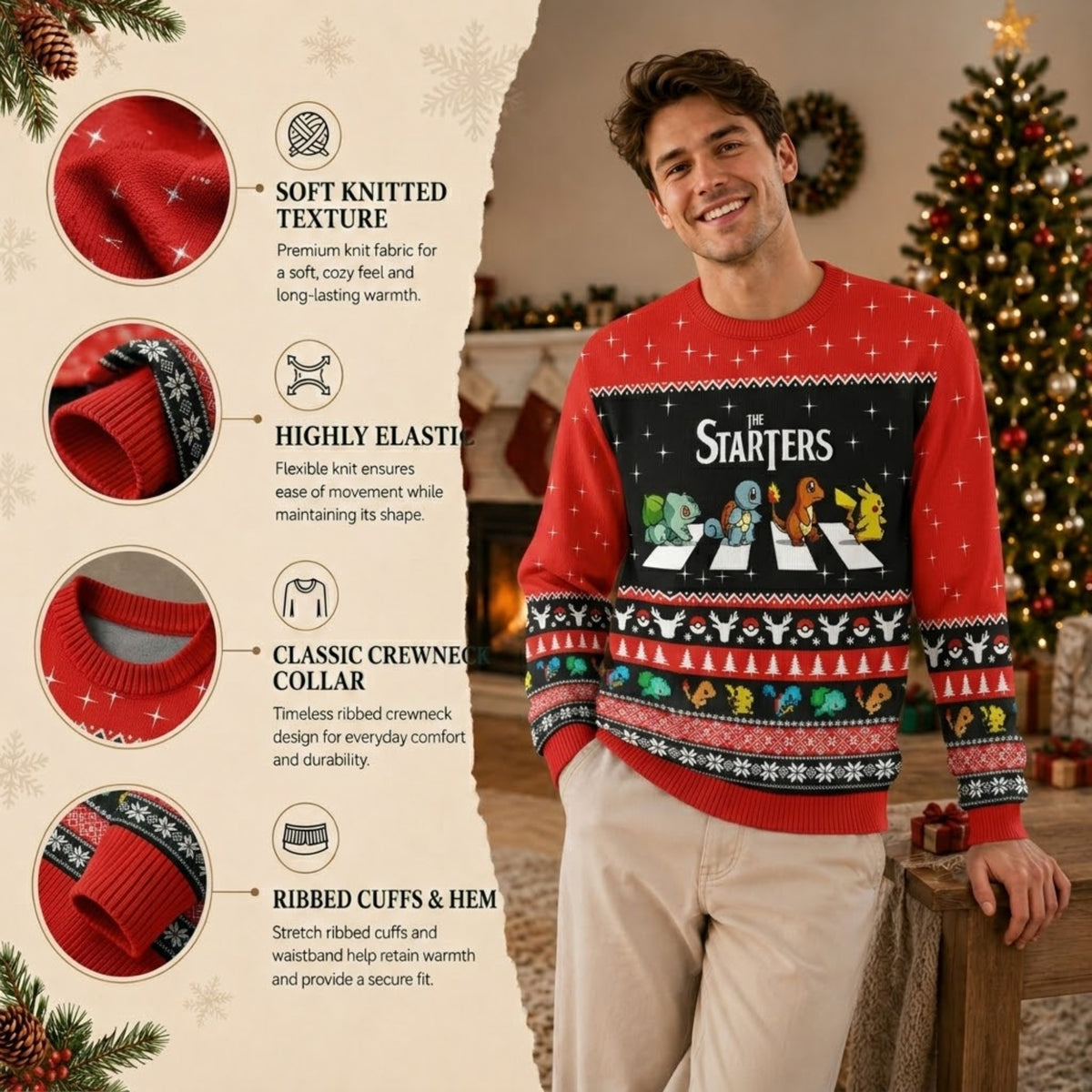 Pocket Creature Starters Trio Ugly Christmas Sweater - Electric Rodent Holiday Knit Print