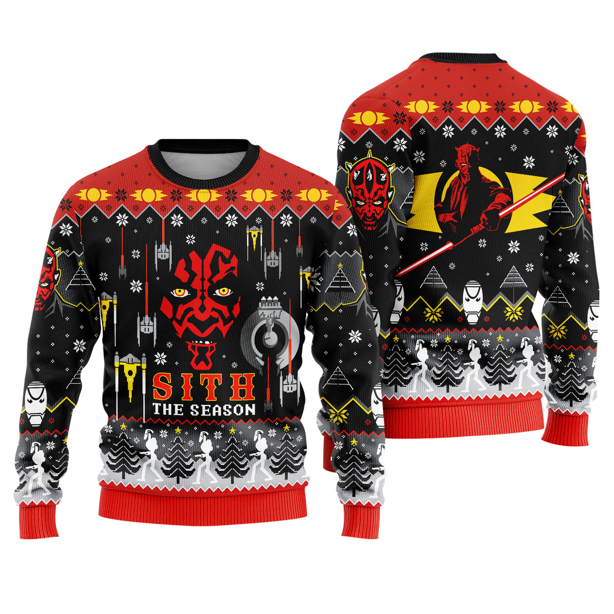 Red Horned Dark Lord Ugly Christmas Sweater - Sci-Fi Movie Holiday Knit Print