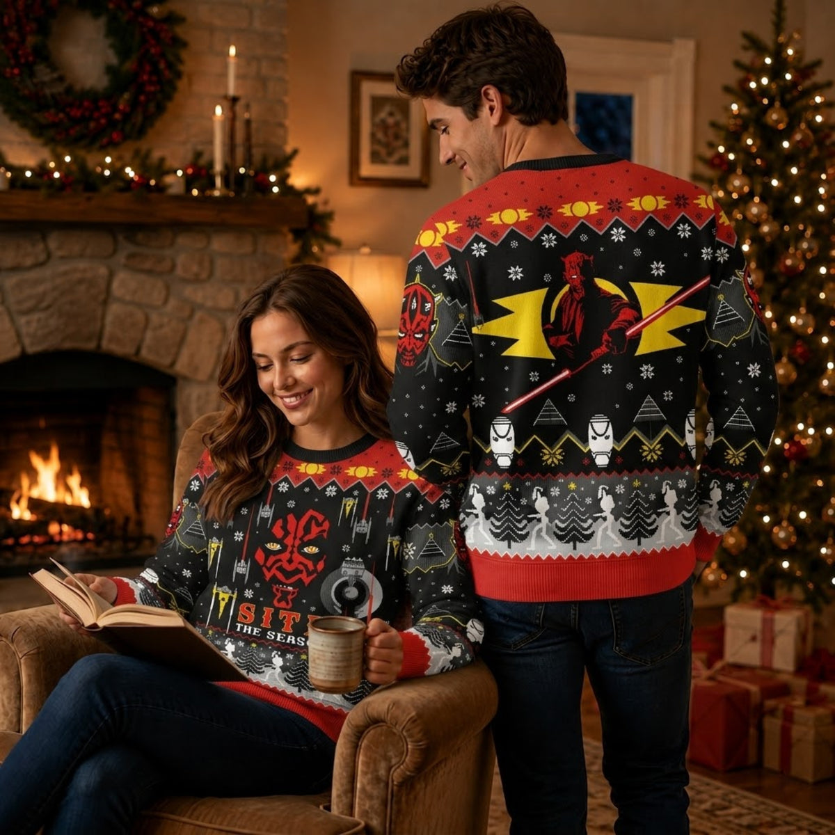 Red Horned Dark Lord Ugly Christmas Sweater - Sci-Fi Movie Holiday Knit Print