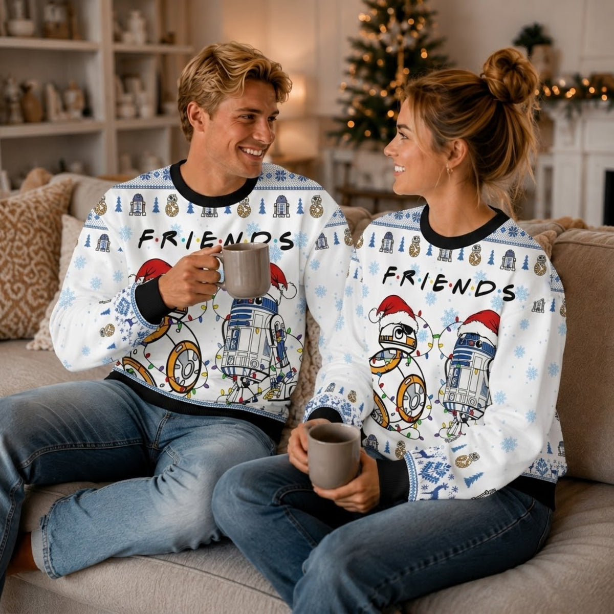 R2-D2 and BB-8 Ugly Christmas Sweater - Friends Holiday Knit Print