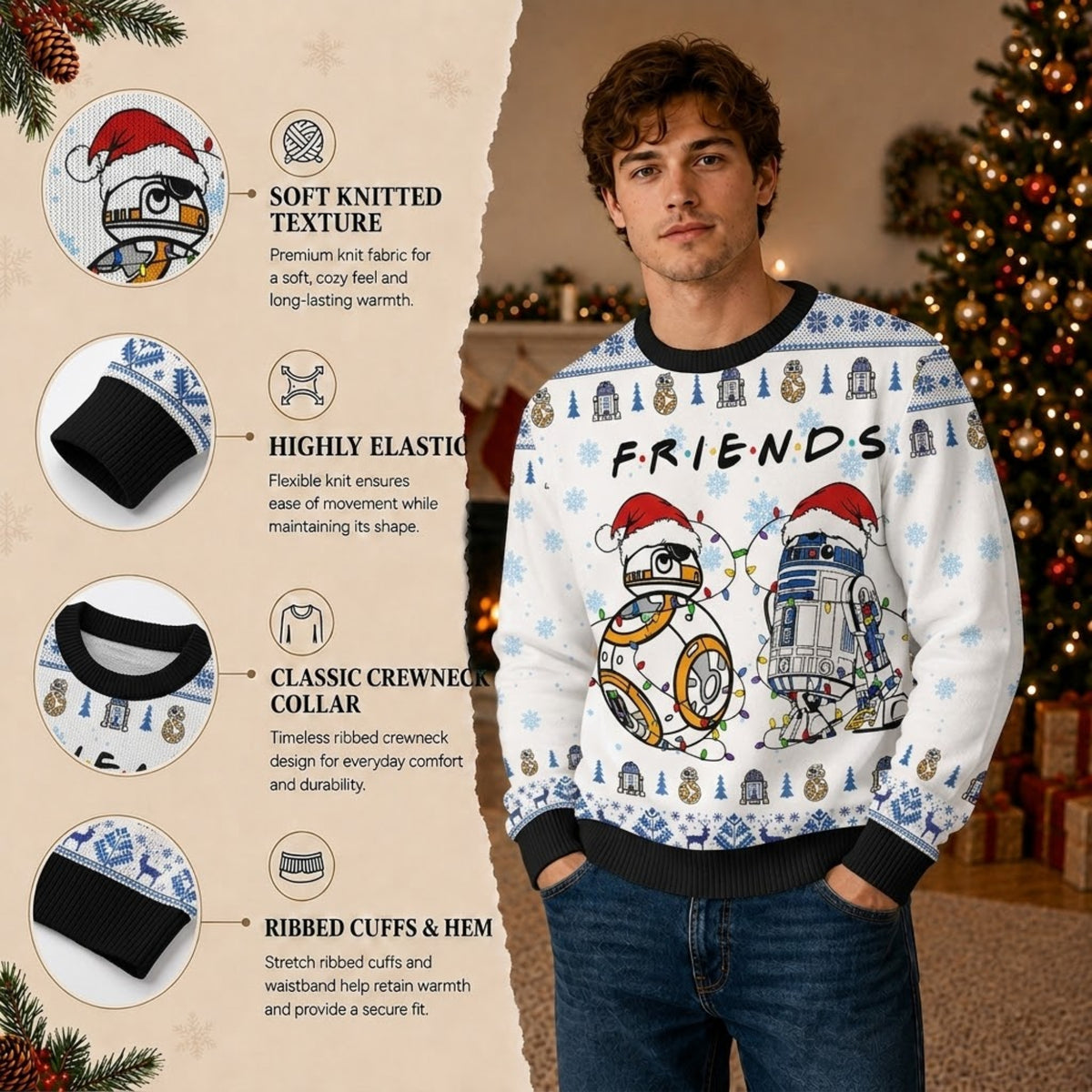 R2-D2 and BB-8 Ugly Christmas Sweater - Friends Holiday Knit Print