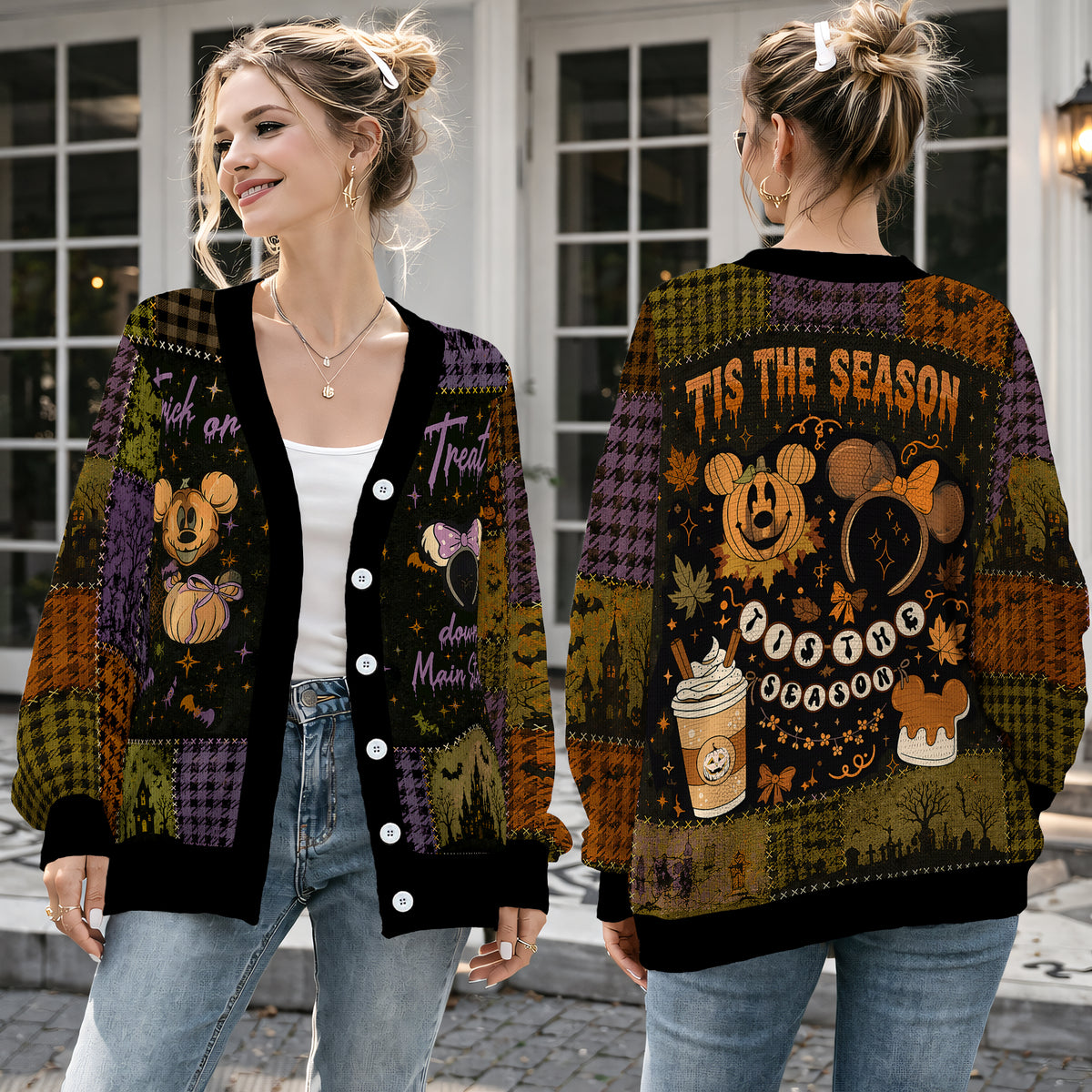 Spooky Mouse Ear Halloween Cardigan Sweater - Cute Pumpkin Patchwork Knitwear