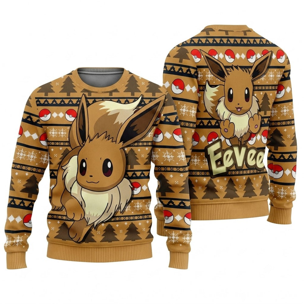 Fluffy Multi-Evolution Fox Ugly Christmas Sweater - Anime Graphic Holiday Knit Print