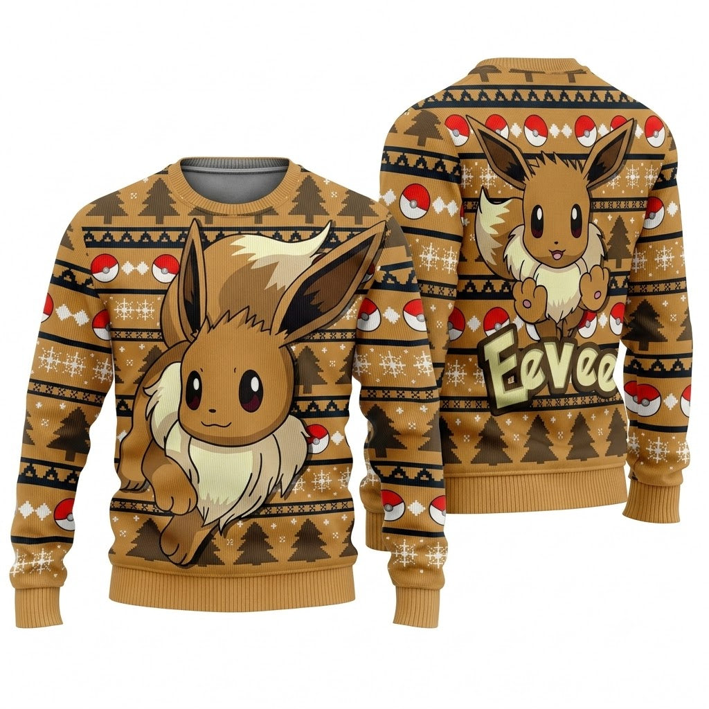Fluffy Multi-Evolution Fox Ugly Christmas Sweater - Anime Graphic Holiday Knit Print