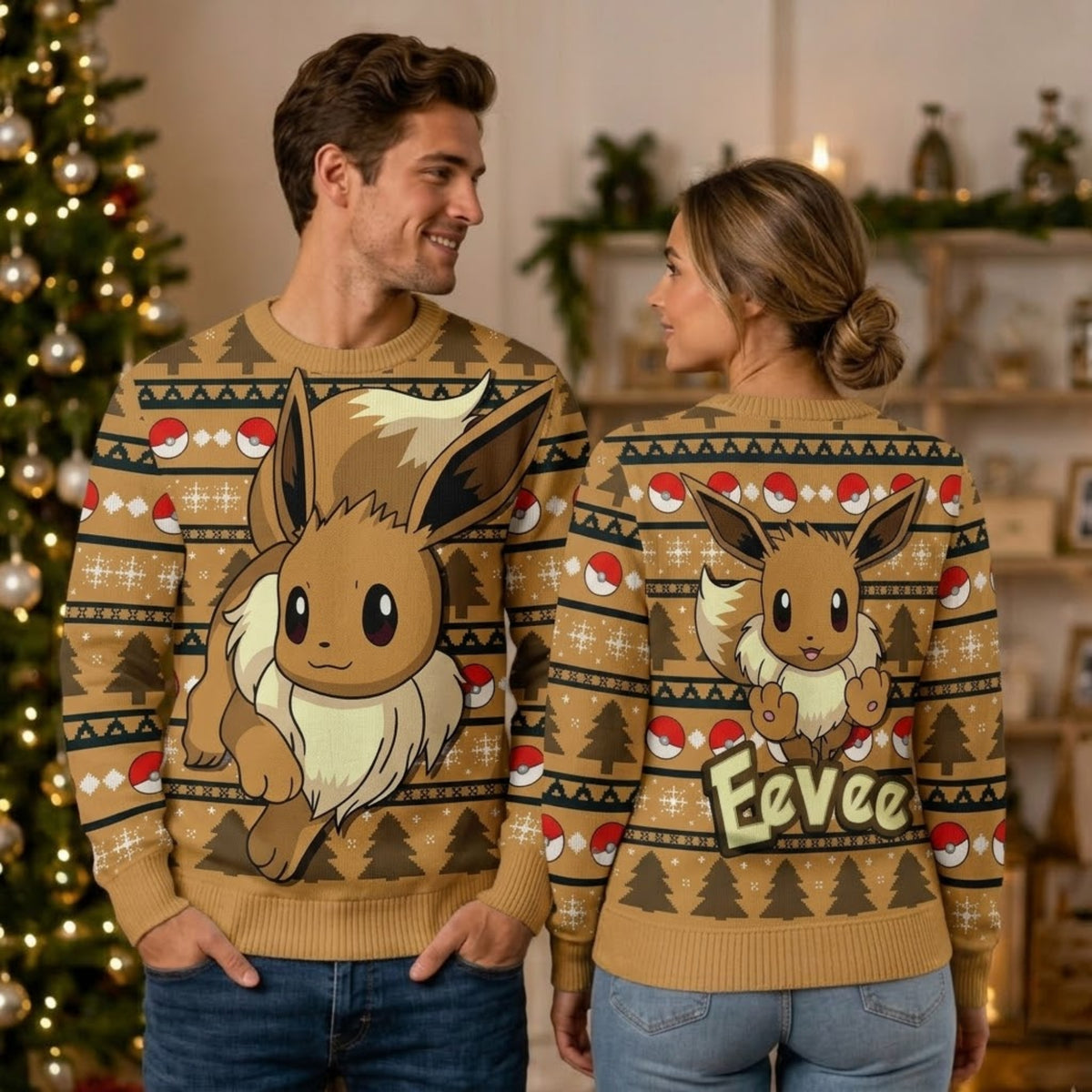Fluffy Multi-Evolution Fox Ugly Christmas Sweater - Anime Graphic Holiday Knit Print
