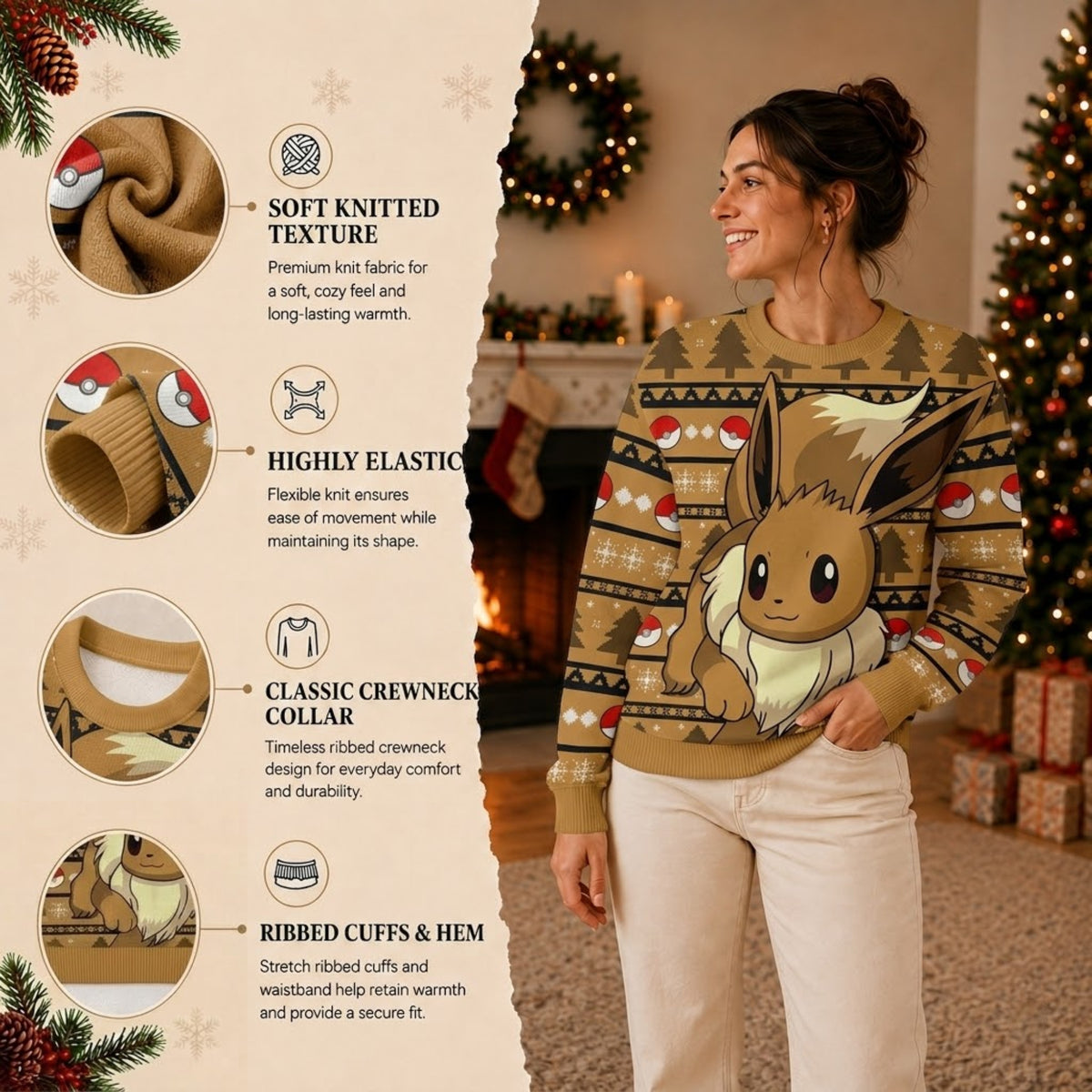 Fluffy Multi-Evolution Fox Ugly Christmas Sweater - Anime Graphic Holiday Knit Print