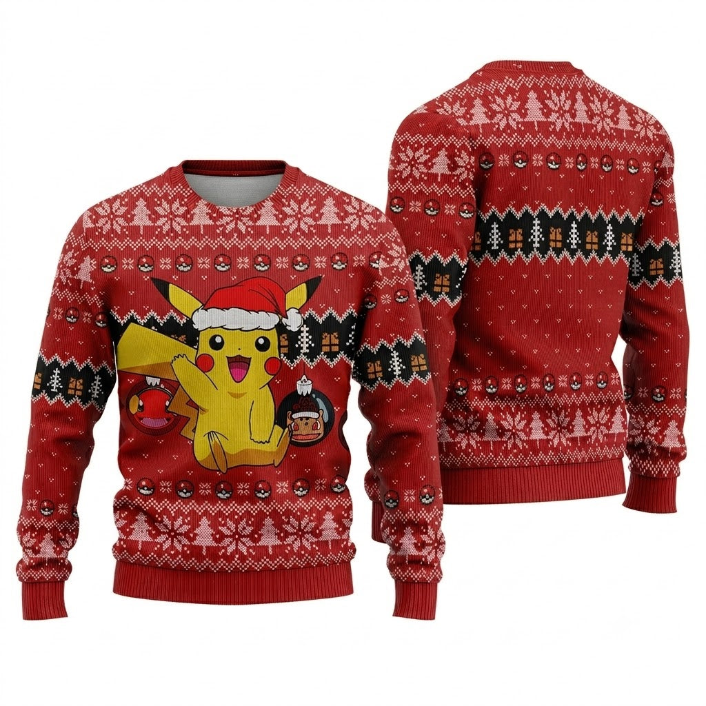 Santa Hat Electric Mouse Ugly Christmas Sweater - Anime Graphic Holiday Knit Print