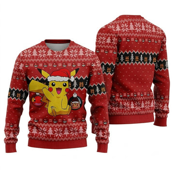 Santa Hat Electric Mouse Ugly Christmas Sweater - Anime Graphic Holiday Knit Print
