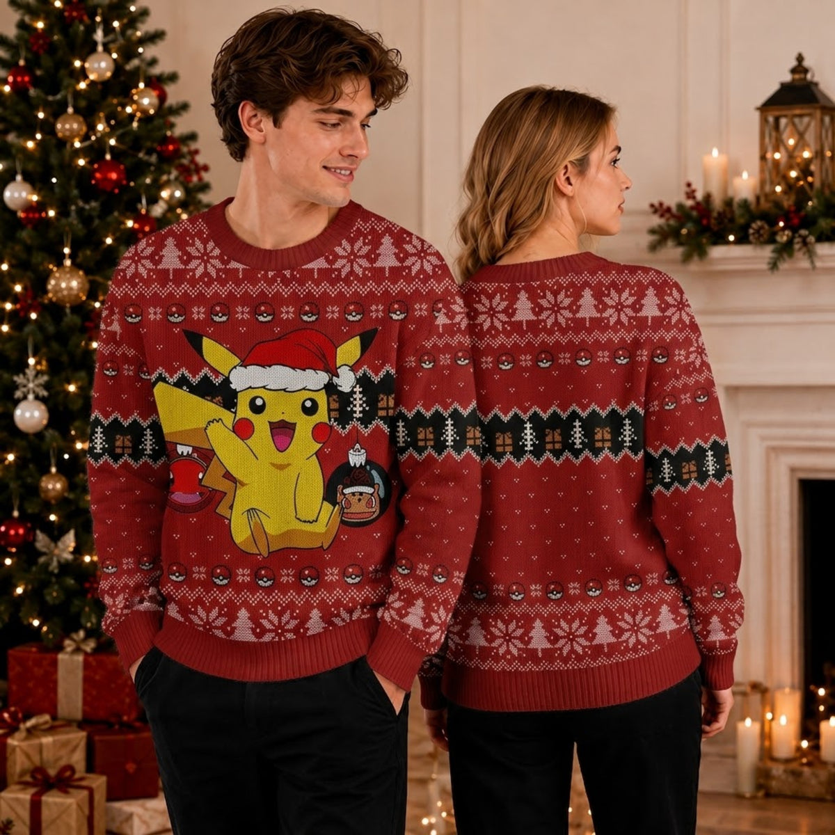 Santa Hat Electric Mouse Ugly Christmas Sweater - Anime Graphic Holiday Knit Print