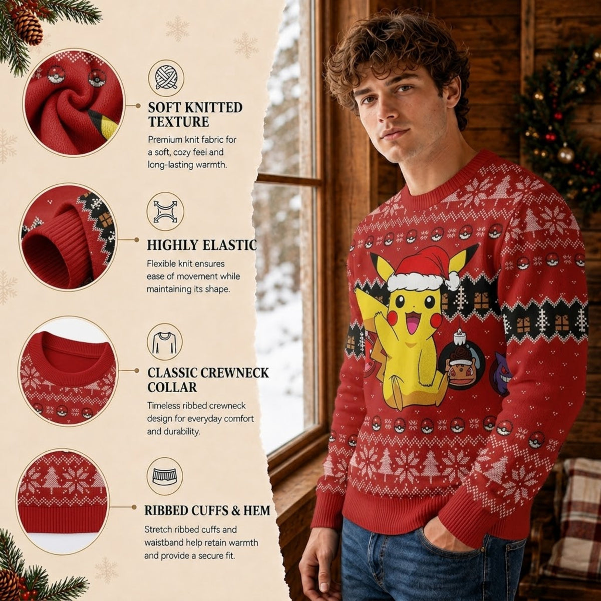Santa Hat Electric Mouse Ugly Christmas Sweater - Anime Graphic Holiday Knit Print