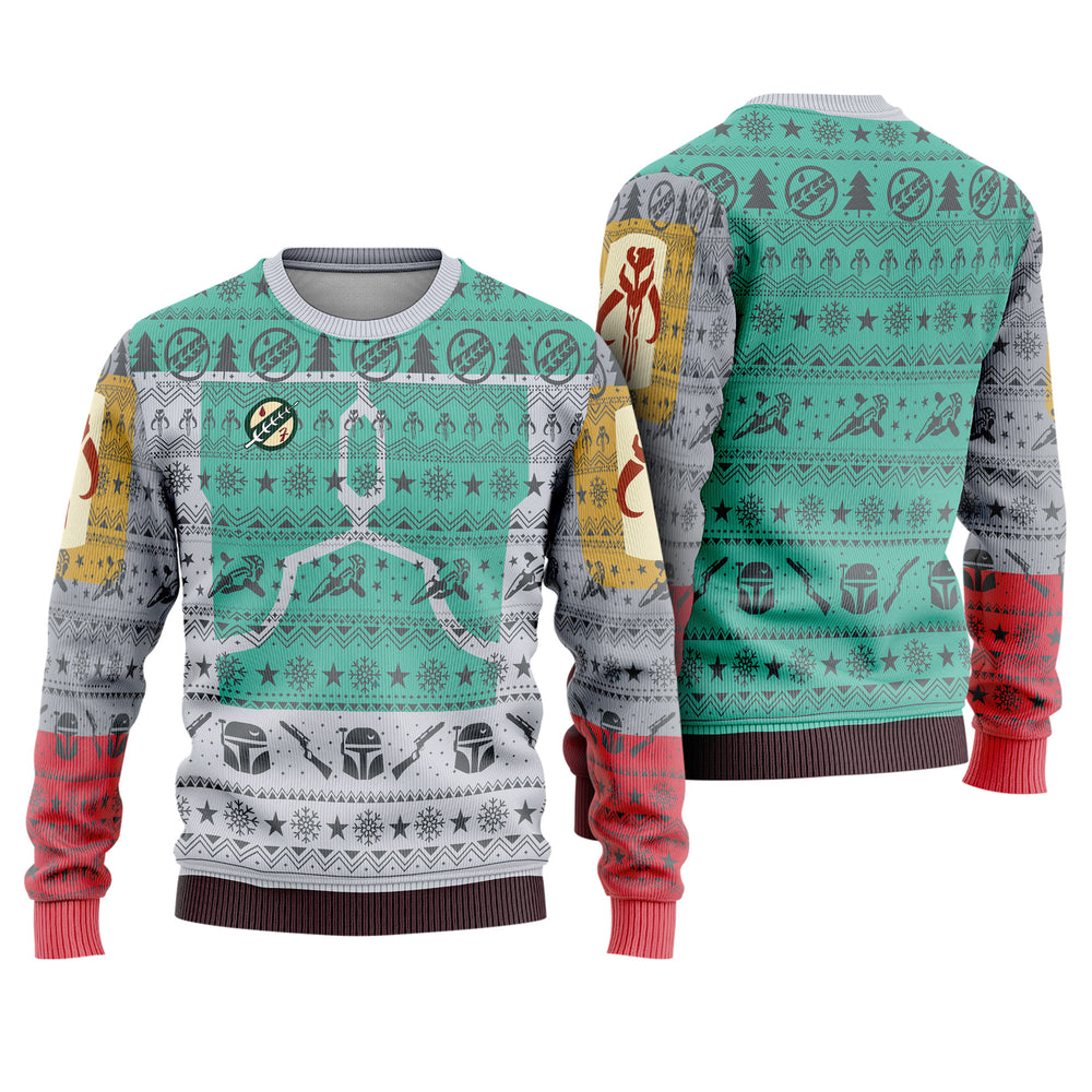 Galactic Helmet Bounty Hunter Ugly Christmas Sweater - Sci-Fi Movie Holiday Knit Print