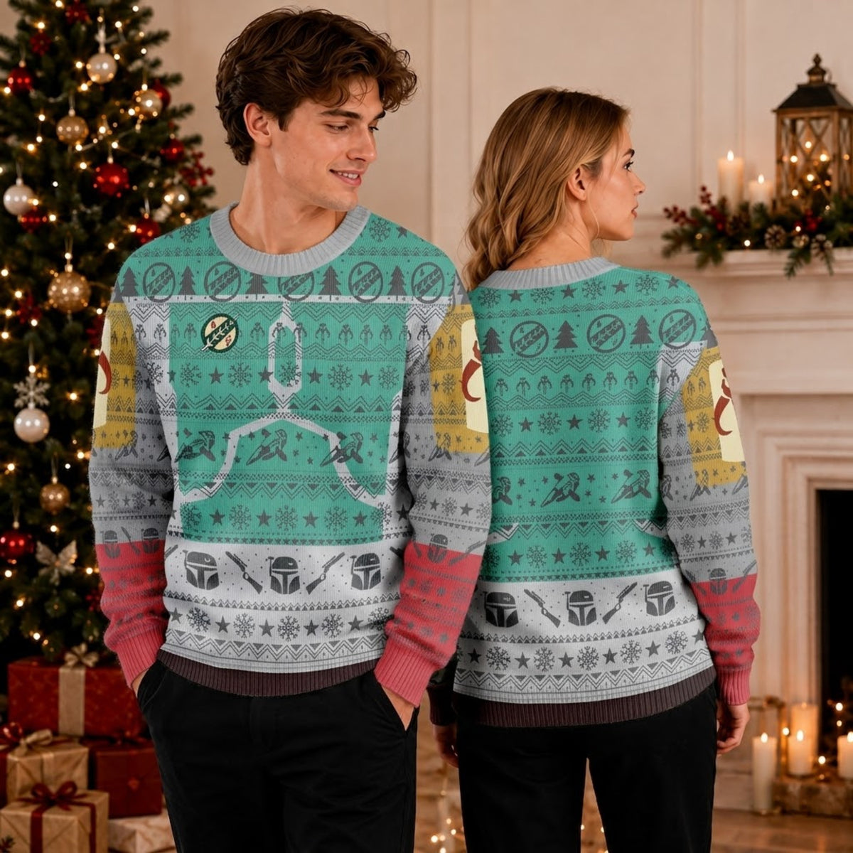 Galactic Helmet Bounty Hunter Ugly Christmas Sweater - Sci-Fi Movie Holiday Knit Print