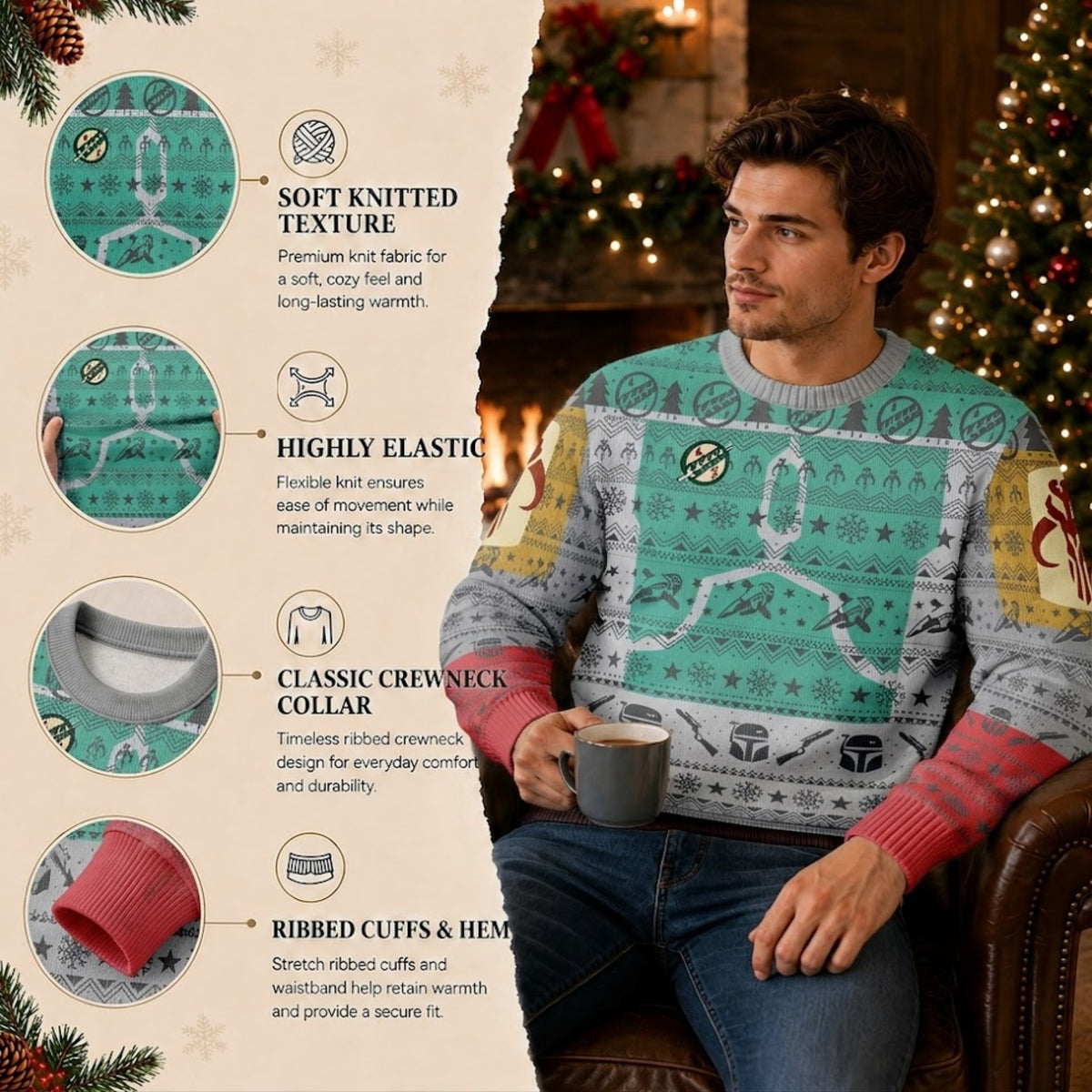 Galactic Helmet Bounty Hunter Ugly Christmas Sweater - Sci-Fi Movie Holiday Knit Print
