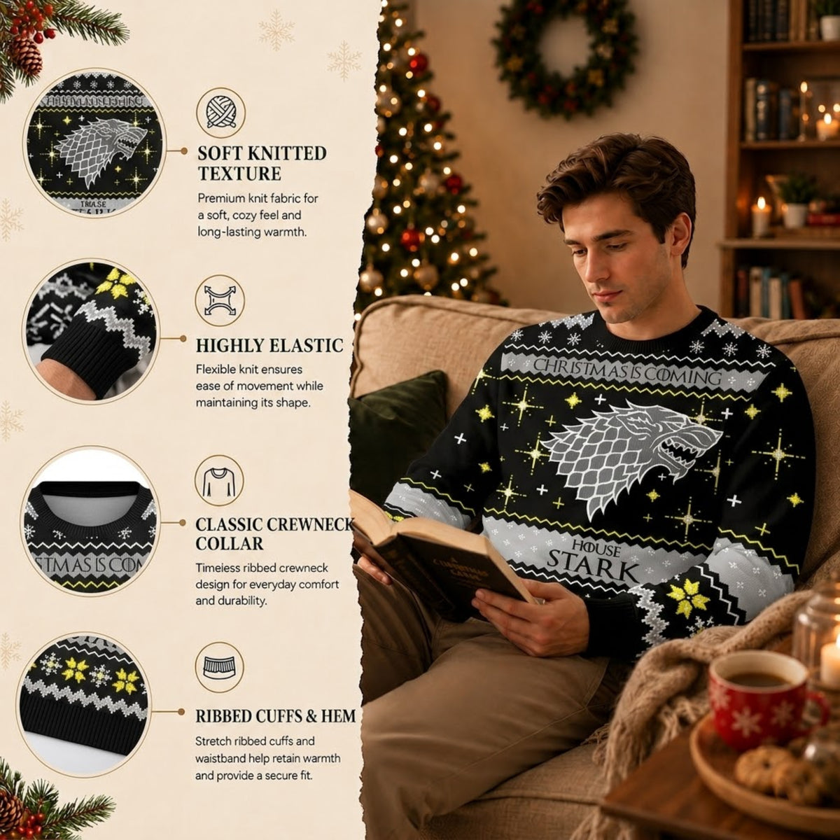 Direwolf Northern Kingdom Ugly Christmas Sweater - Winter Is Coming Holiday Knit Print
