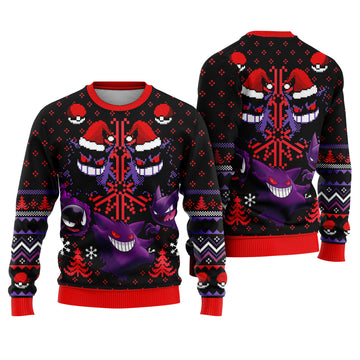Spooky Shadow Ghost Trio Ugly Christmas Sweater - Anime Spooky Holiday Knit Print