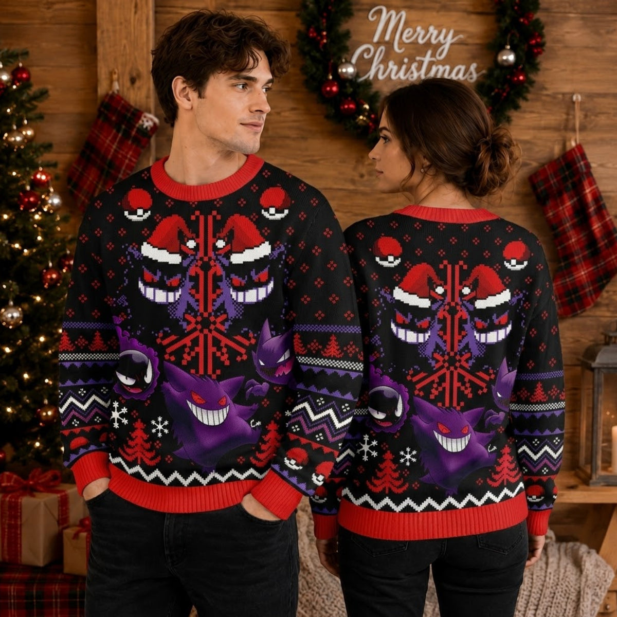 Spooky Shadow Ghost Trio Ugly Christmas Sweater - Anime Spooky Holiday Knit Print
