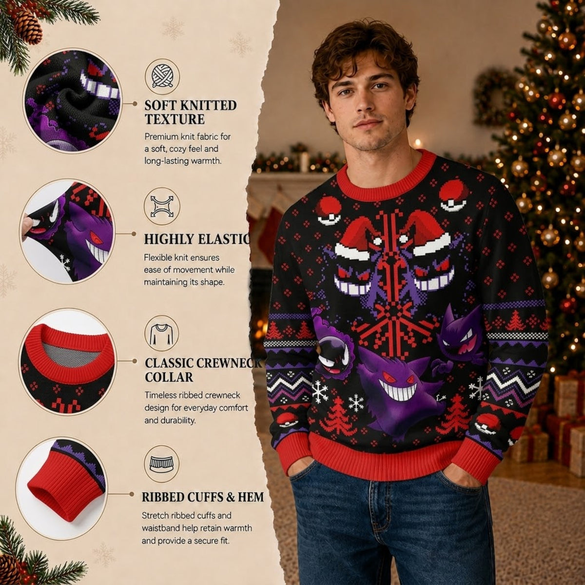 Spooky Shadow Ghost Trio Ugly Christmas Sweater - Anime Spooky Holiday Knit Print