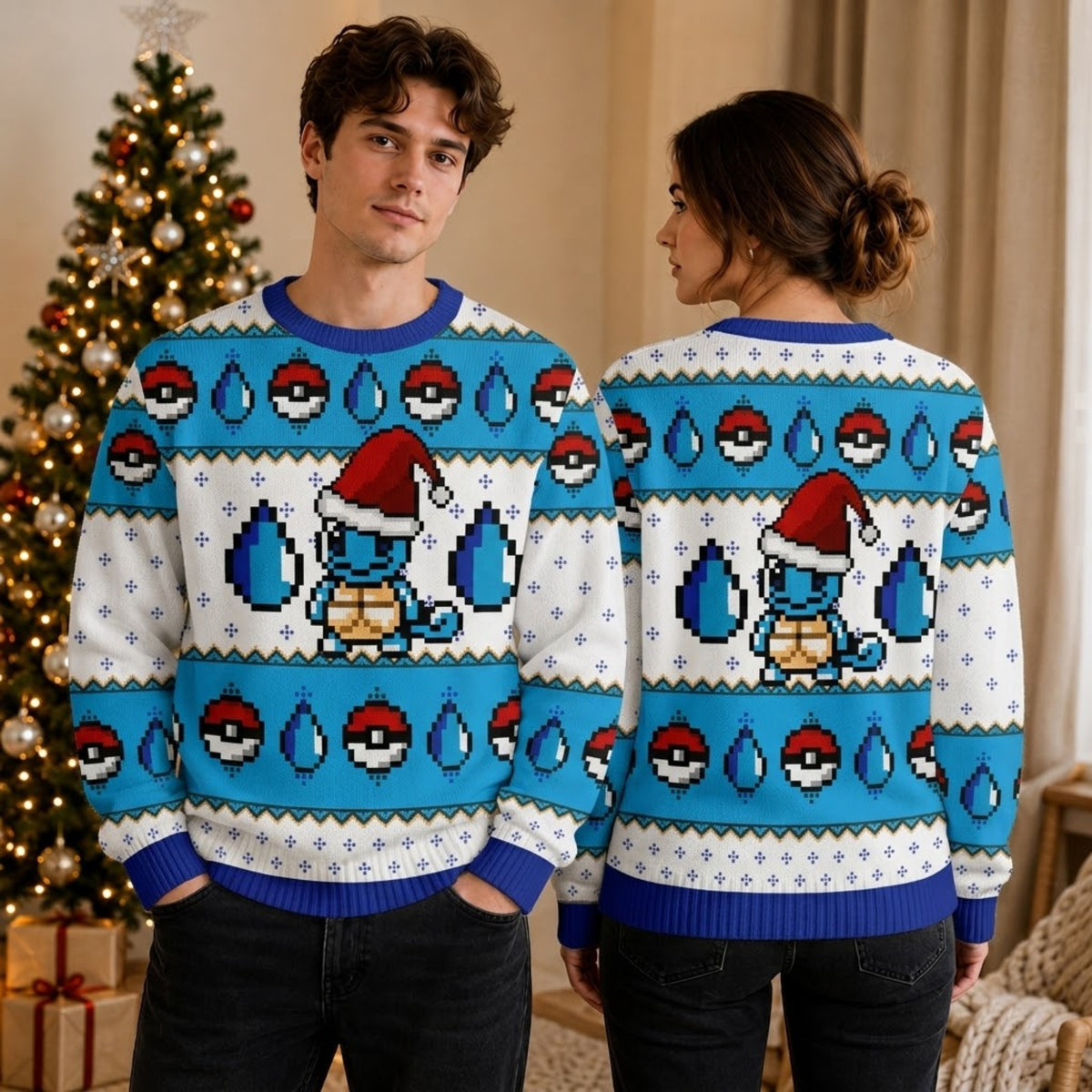 Tiny Blue Water Turtle Ugly Christmas Sweater - Anime Pixel Art Holiday Knit Print