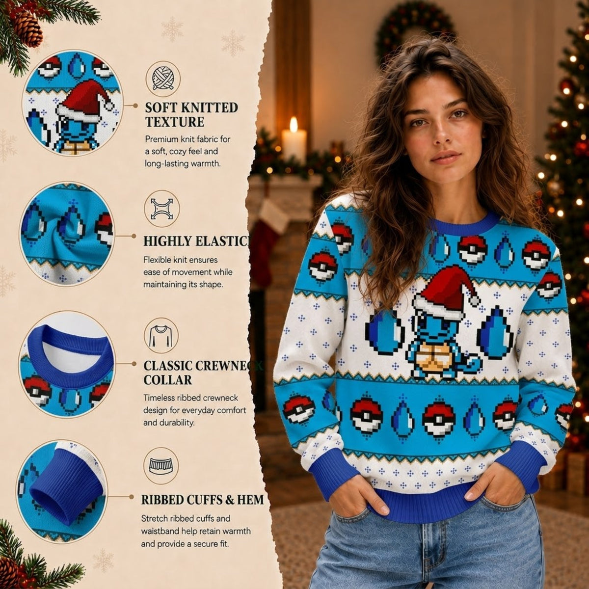 Tiny Blue Water Turtle Ugly Christmas Sweater - Anime Pixel Art Holiday Knit Print