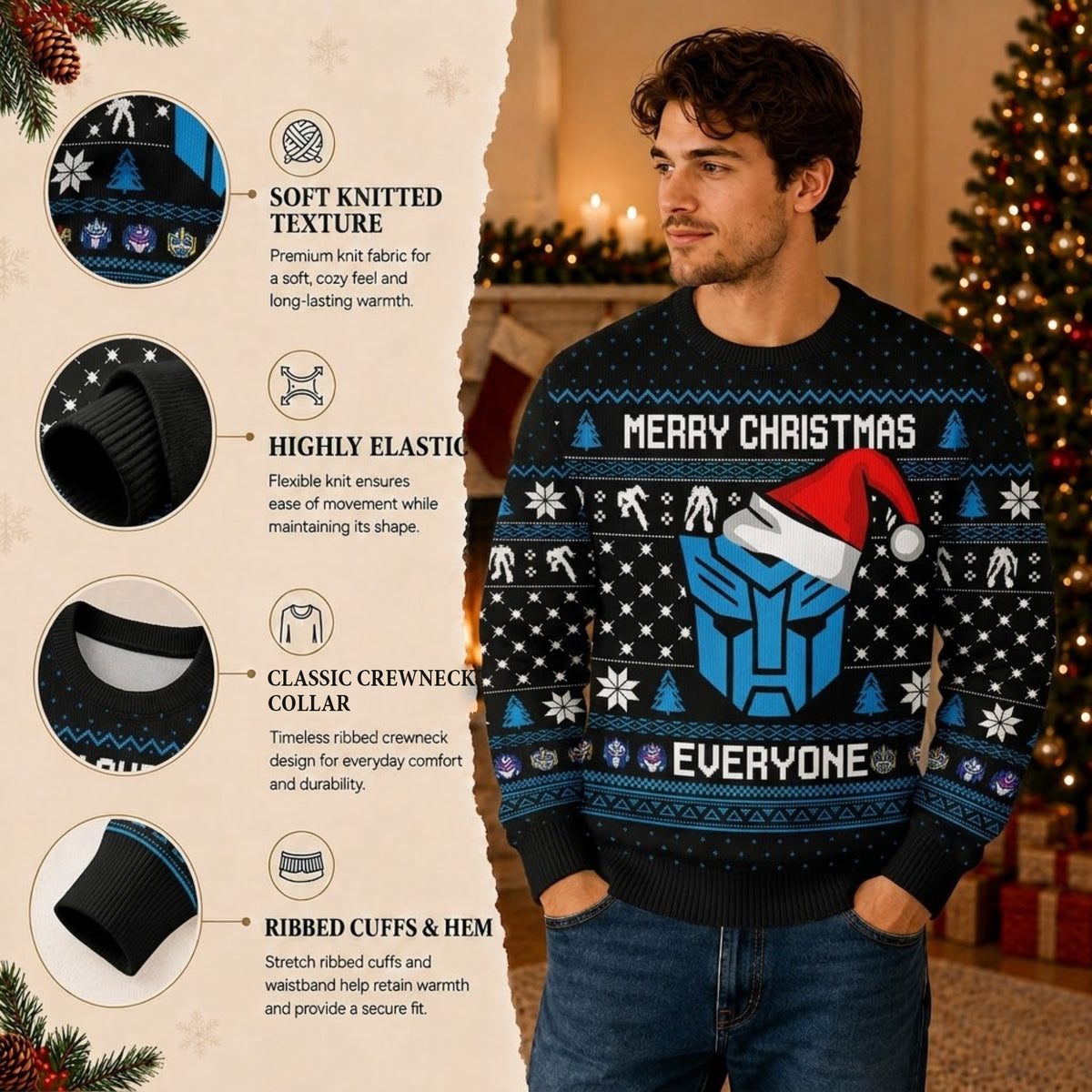 Alien Robot Transforming Mech Ugly Christmas Sweater - Cybernetic Holiday Knit Print