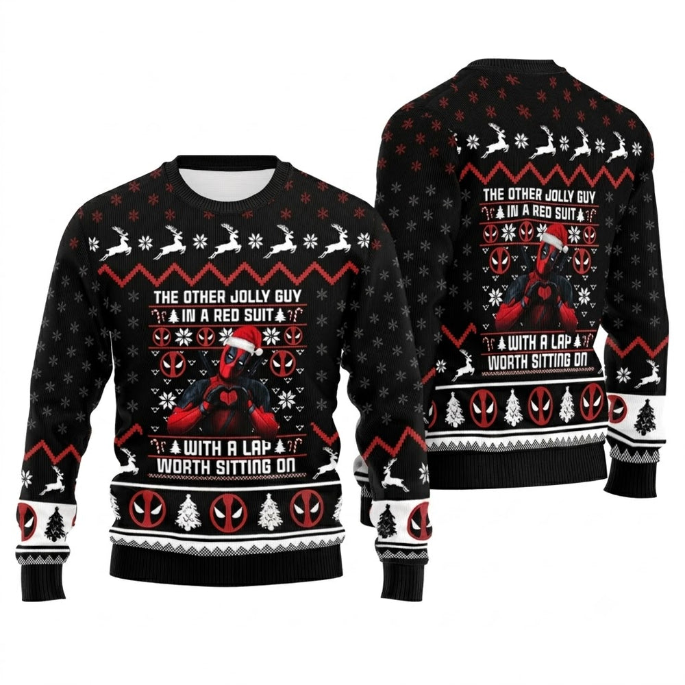 Red Suit Masked Mercenary Ugly Christmas Sweater - Funny Antihero Holiday Knit Print