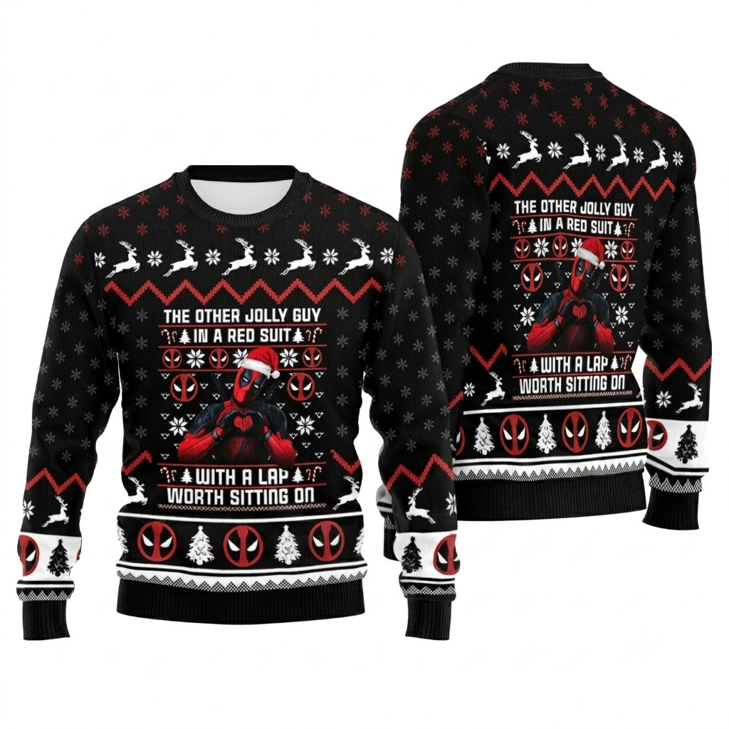 Red Suit Masked Mercenary Ugly Christmas Sweater - Funny Antihero Holiday Knit Print
