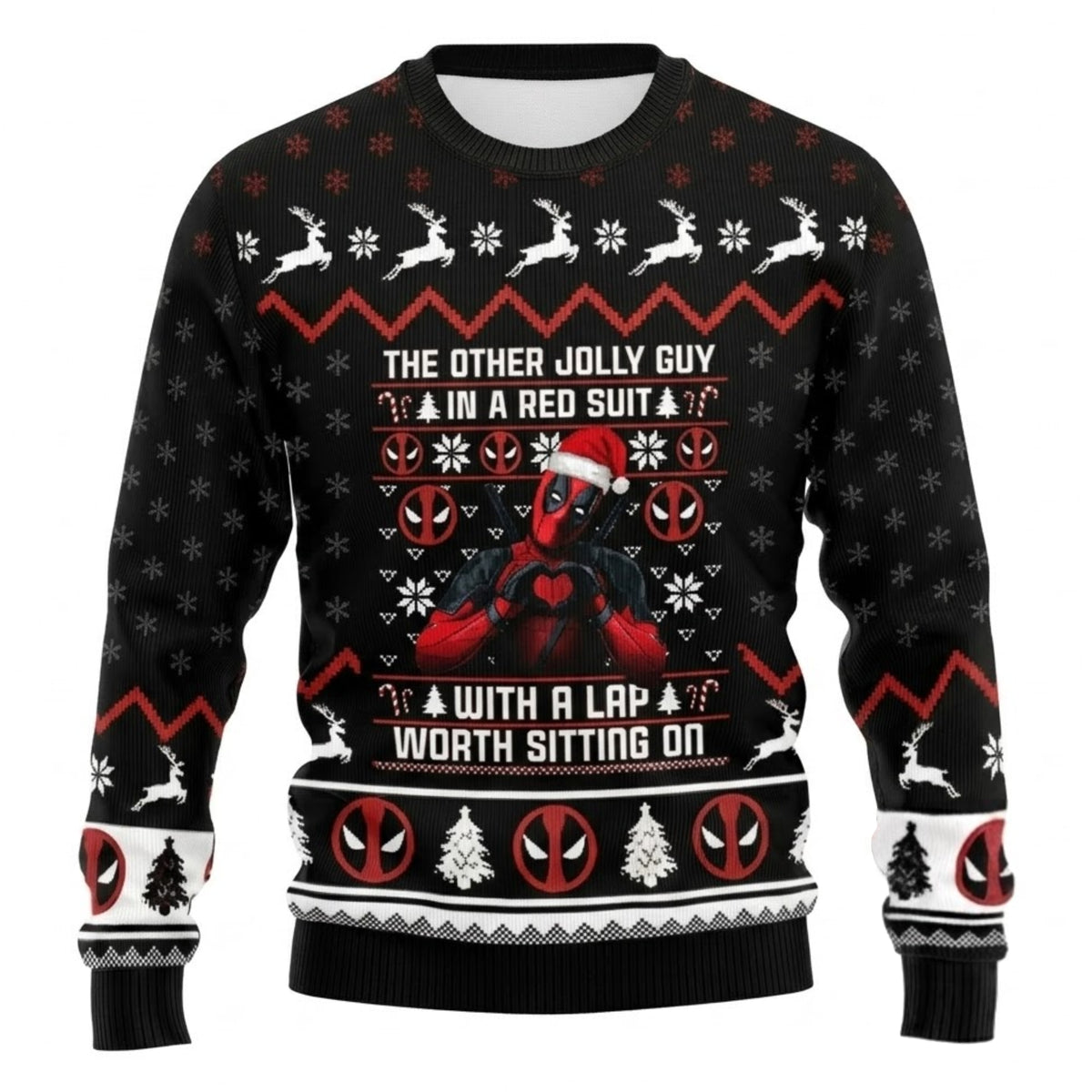 Red Suit Masked Mercenary Ugly Christmas Sweater - Funny Antihero Holiday Knit Print