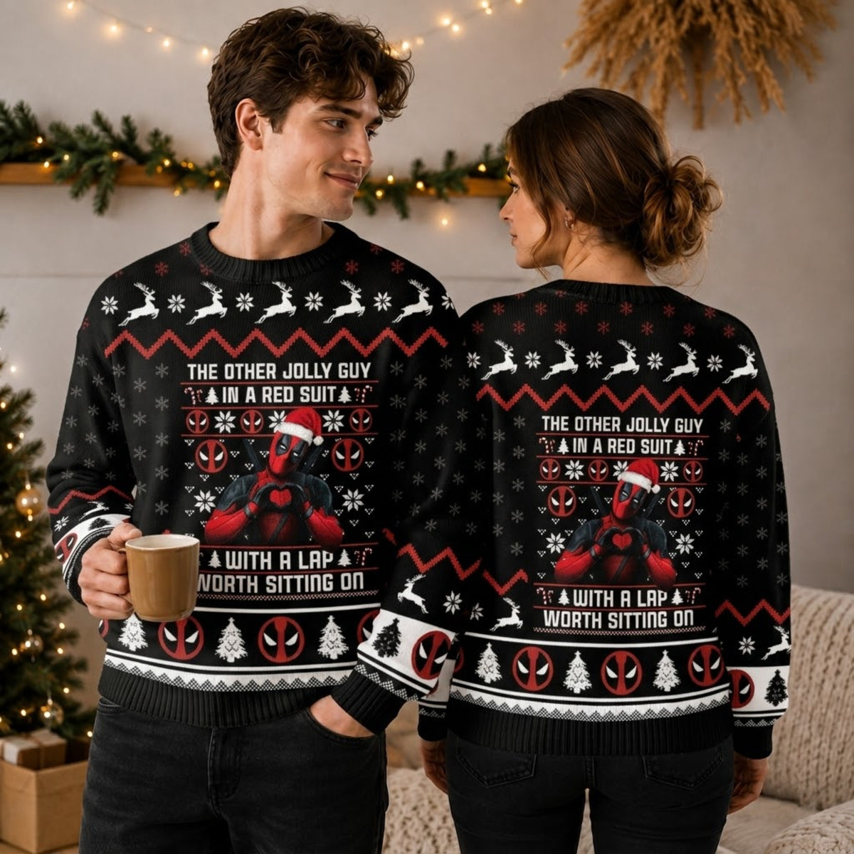 Red Suit Masked Mercenary Ugly Christmas Sweater - Funny Antihero Holiday Knit Print
