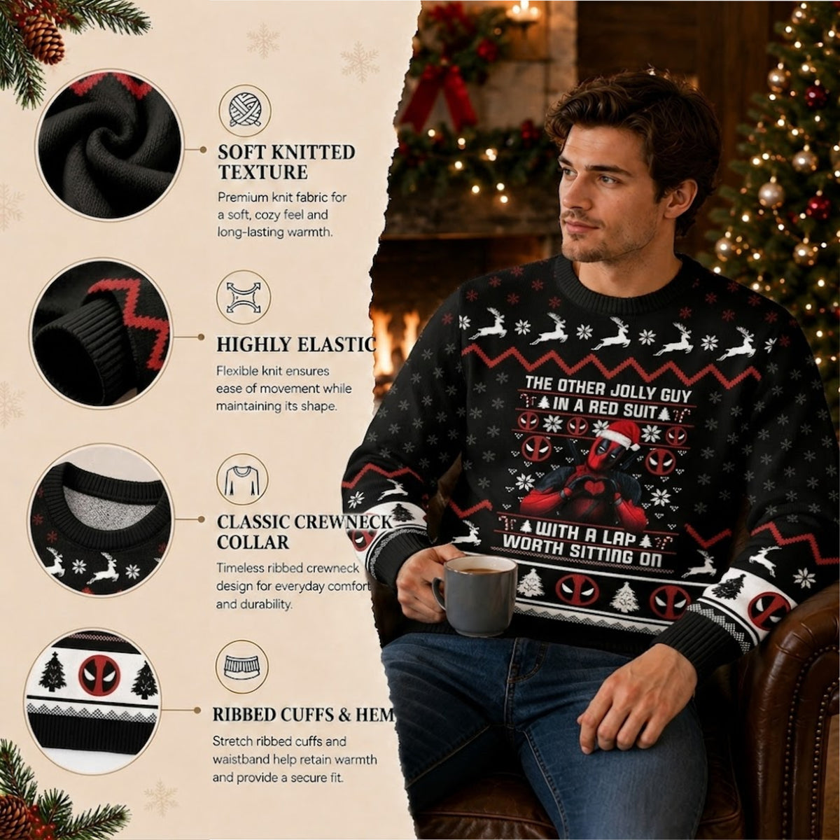 Red Suit Masked Mercenary Ugly Christmas Sweater - Funny Antihero Holiday Knit Print