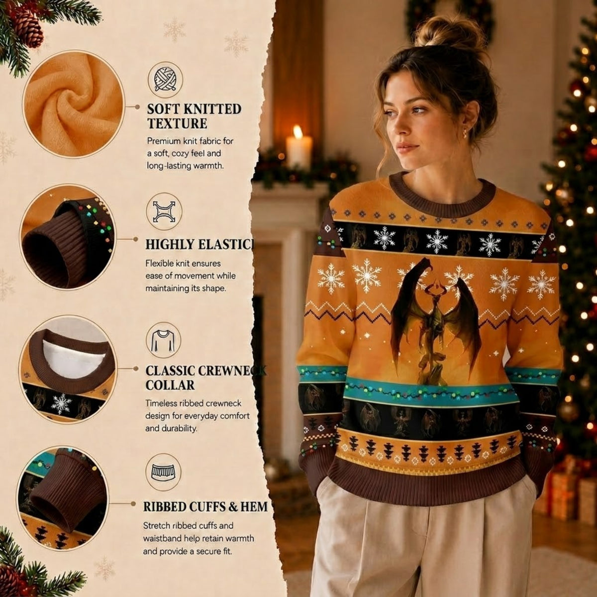Elder Dragon Ugly Christmas Sweater - Fantasy Holiday Knit Print