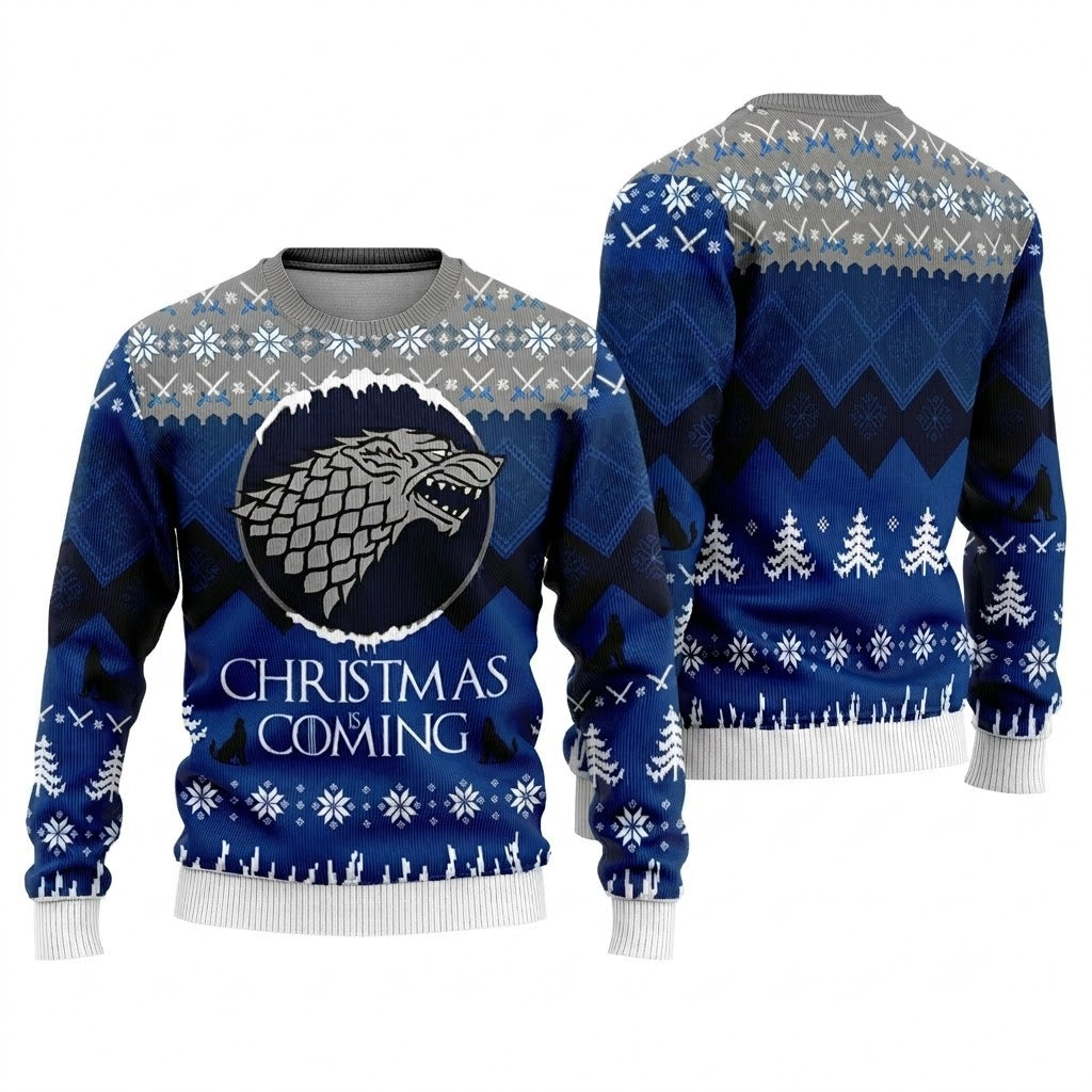 Game of Thrones House Stark Ugly Christmas Sweater - Winter Is Coming Holiday Knit Print