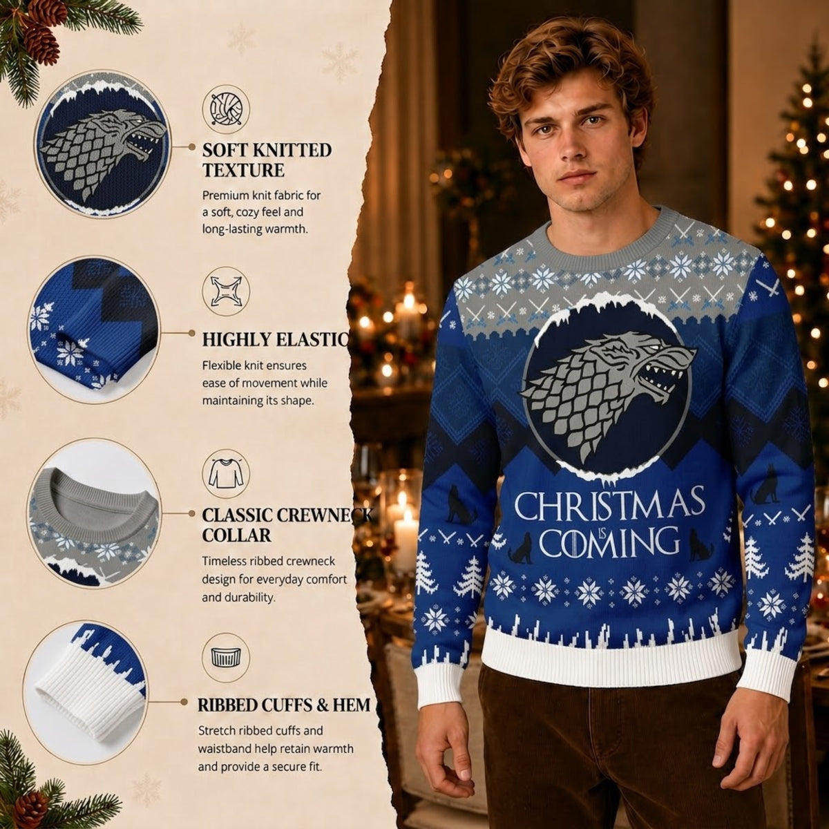 Game of Thrones House Stark Ugly Christmas Sweater - Winter Is Coming Holiday Knit Print