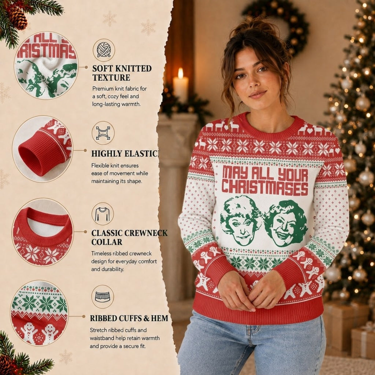 Golden Girls Ugly Christmas Sweater - May All Your Christmas Holiday Knit Print