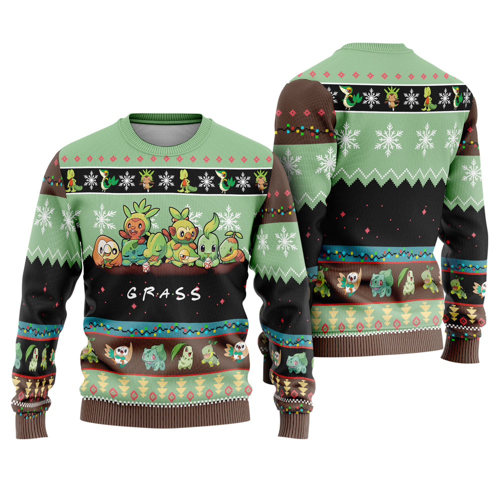 Grass Starters Ugly Christmas Sweater - Bulbasaur Chikorita Grookey Holiday Knit Print