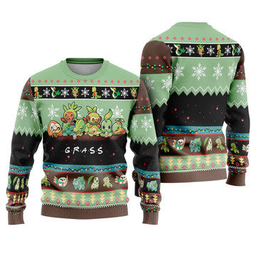 Grass Starters Ugly Christmas Sweater - Bulbasaur Chikorita Grookey Holiday Knit Print