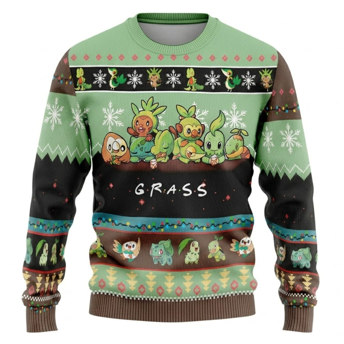 Grass Starters Ugly Christmas Sweater - Bulbasaur Chikorita Grookey Holiday Knit Print