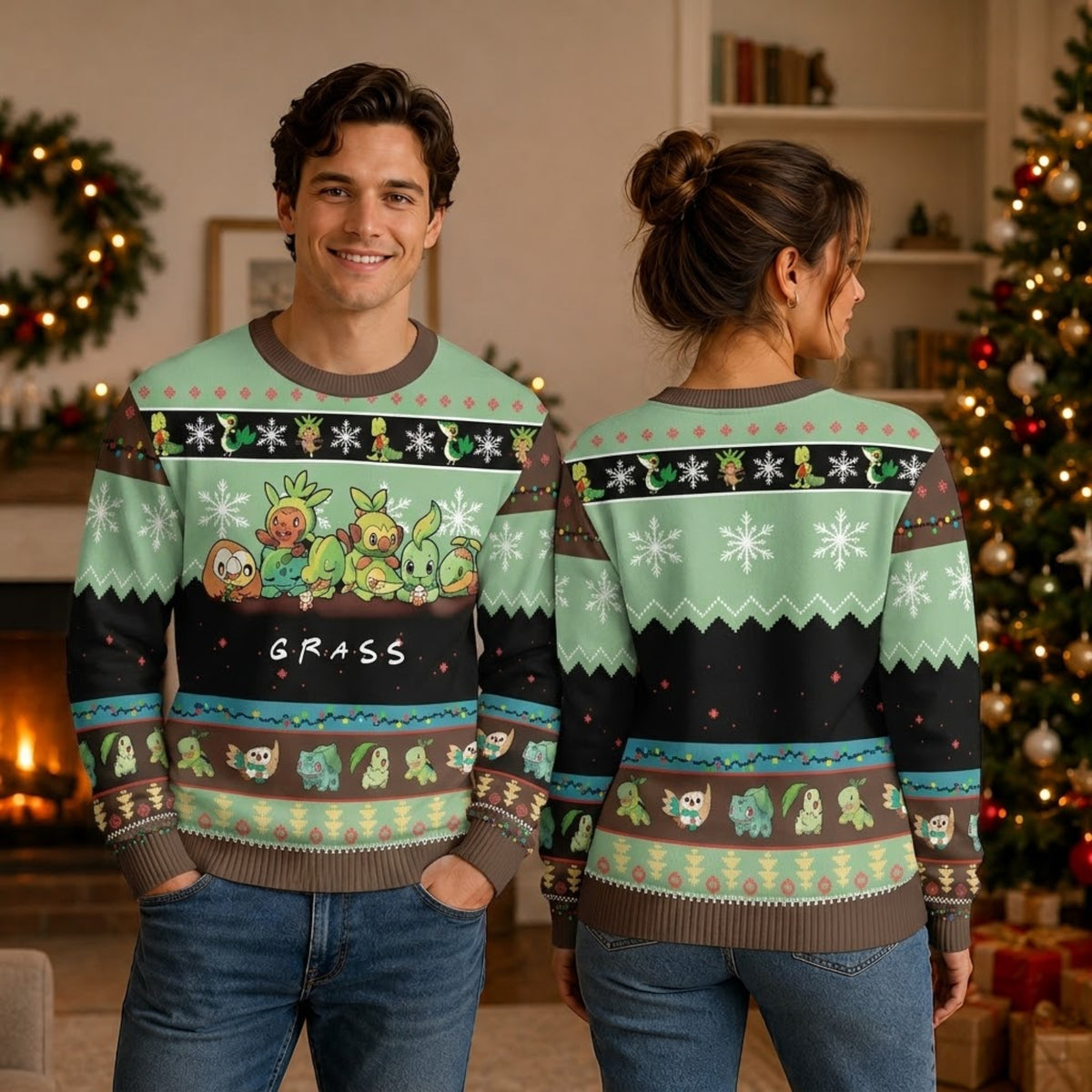 Grass Starters Ugly Christmas Sweater - Bulbasaur Chikorita Grookey Holiday Knit Print