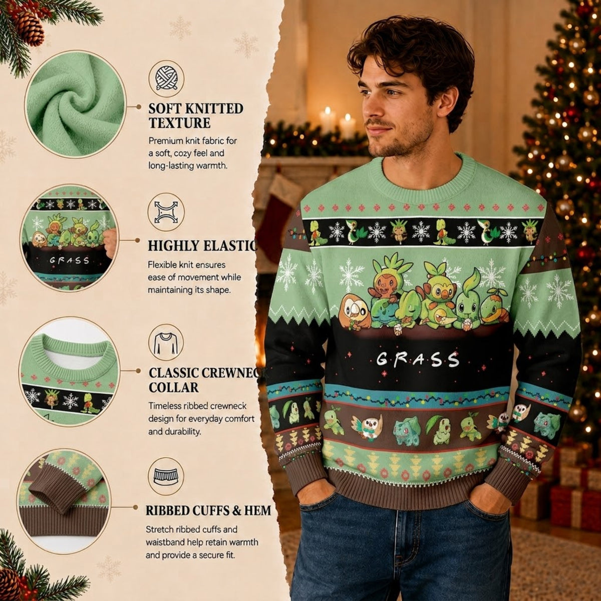 Grass Starters Ugly Christmas Sweater - Bulbasaur Chikorita Grookey Holiday Knit Print