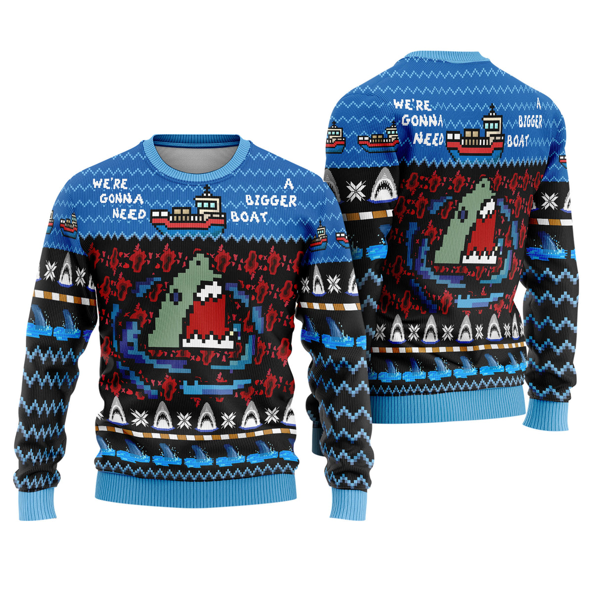 Jaws Horror Movie Ugly Christmas Sweater - Pixel Art Holiday Knit Print