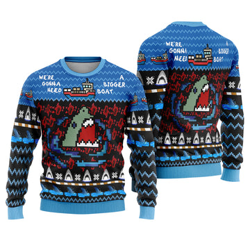 Jaws Horror Movie Ugly Christmas Sweater - Pixel Art Holiday Knit Print