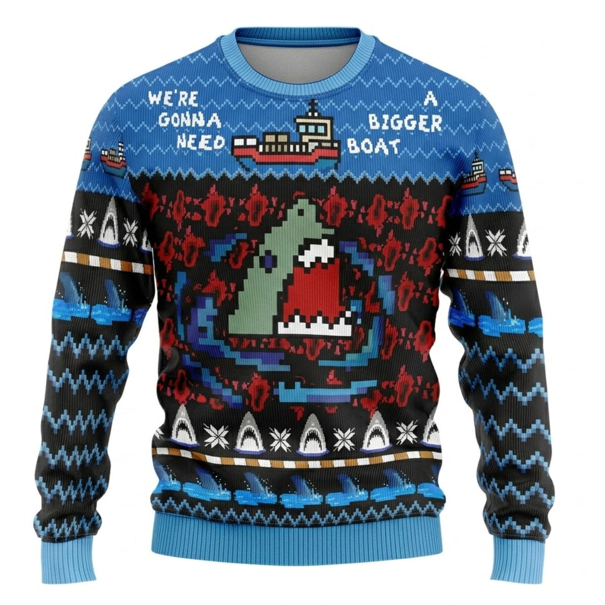 Jaws Horror Movie Ugly Christmas Sweater - Pixel Art Holiday Knit Print
