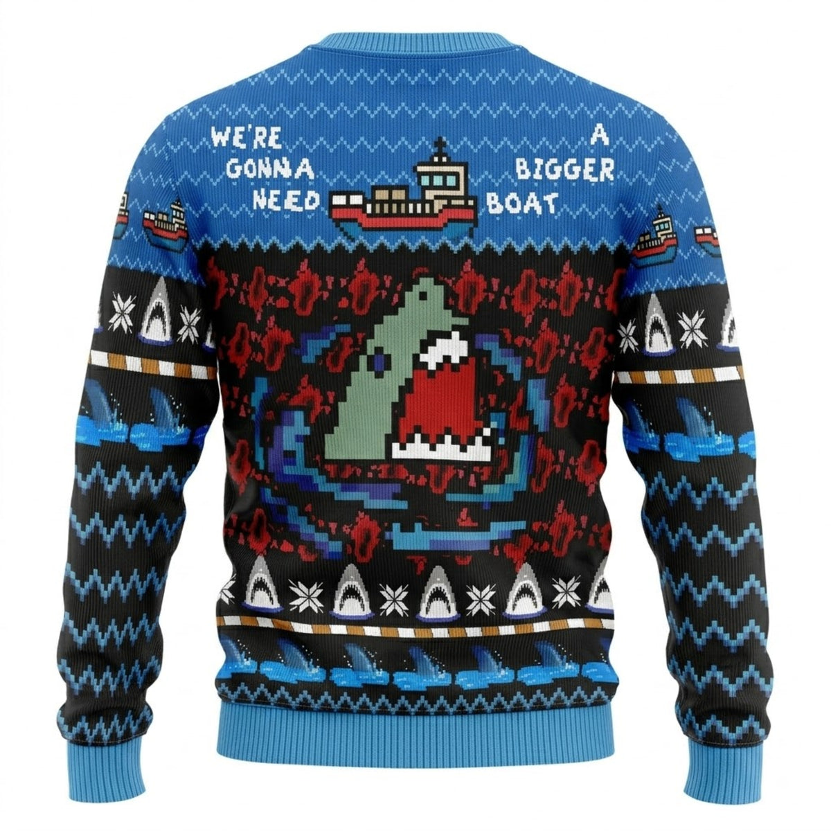Jaws Horror Movie Ugly Christmas Sweater - Pixel Art Holiday Knit Print