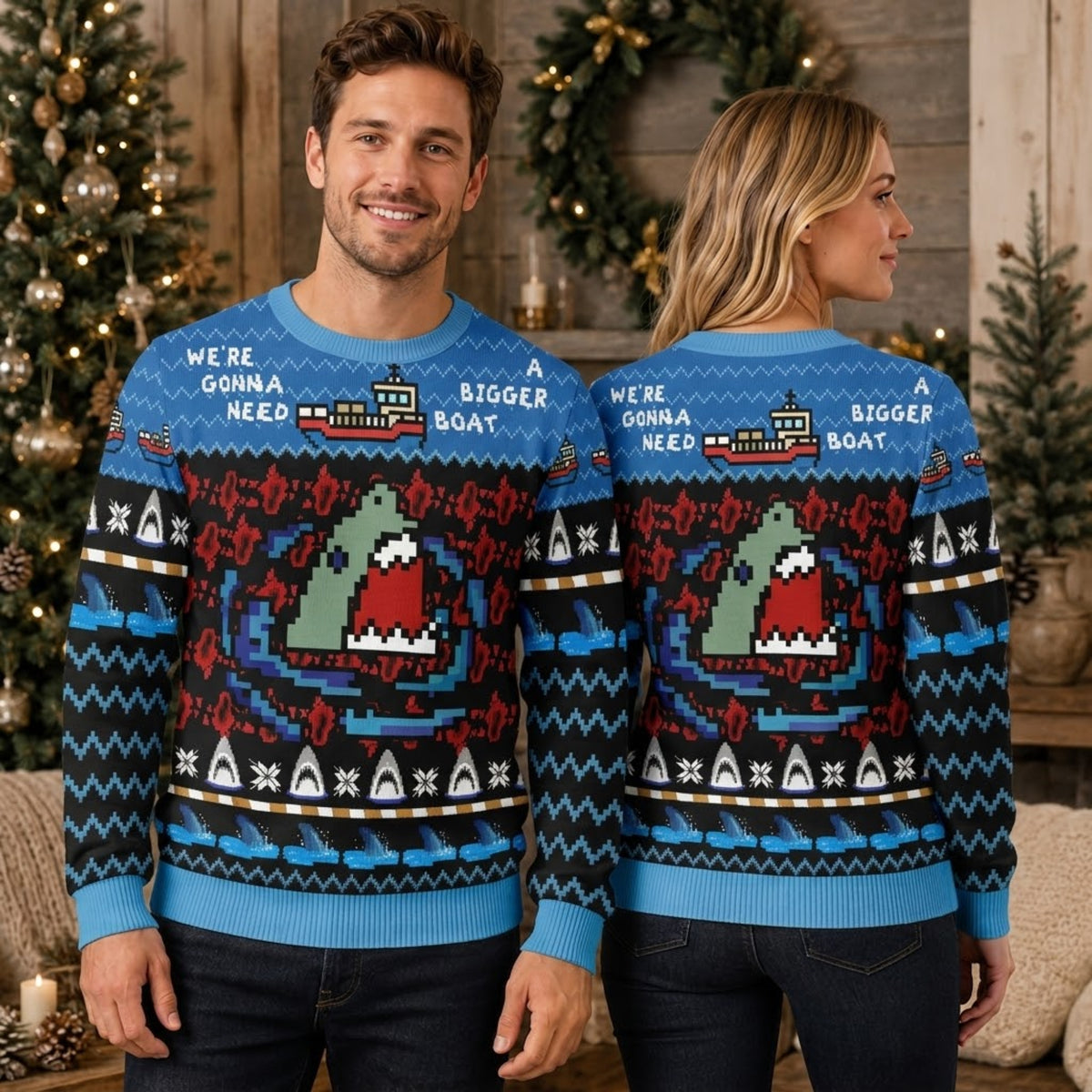 Jaws Horror Movie Ugly Christmas Sweater - Pixel Art Holiday Knit Print