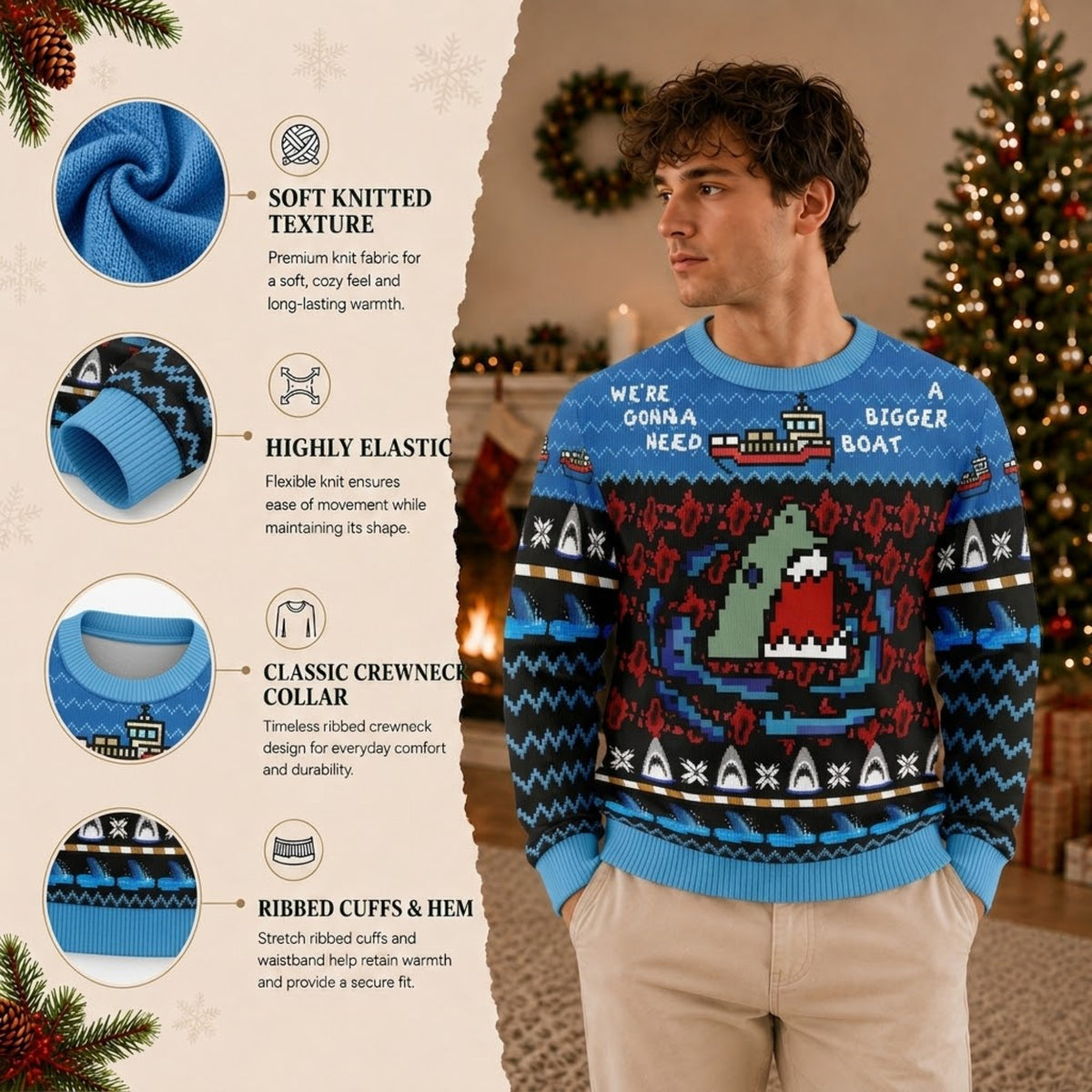 Jaws Horror Movie Ugly Christmas Sweater - Pixel Art Holiday Knit Print