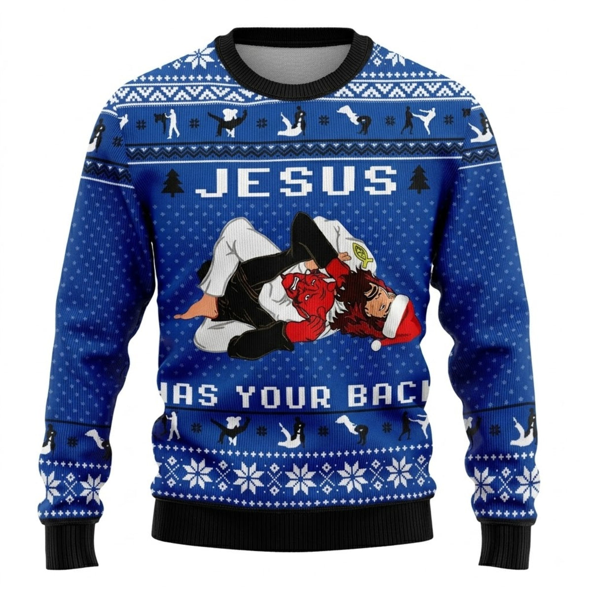 Jesus Has Your Back Jiu Jitsu Ugly Christmas Sweater - Funny Holiday Knit Print