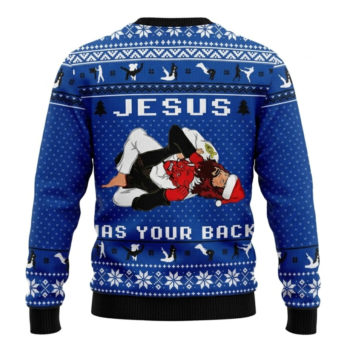 Jesus Has Your Back Jiu Jitsu Ugly Christmas Sweater - Funny Holiday Knit Print