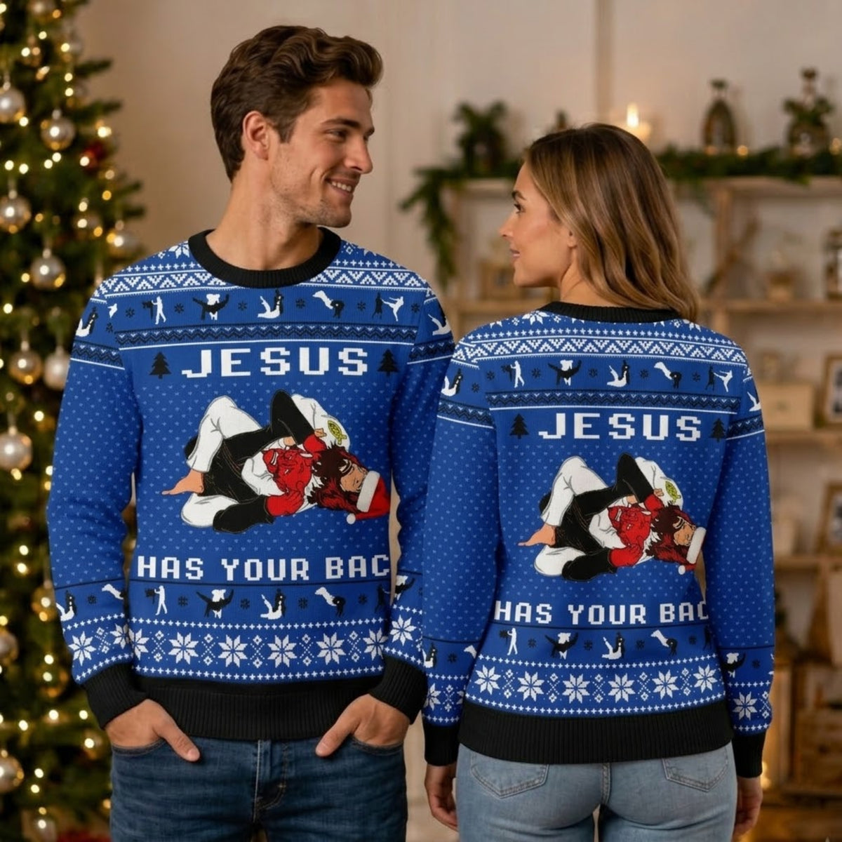 Jesus Has Your Back Jiu Jitsu Ugly Christmas Sweater - Funny Holiday Knit Print